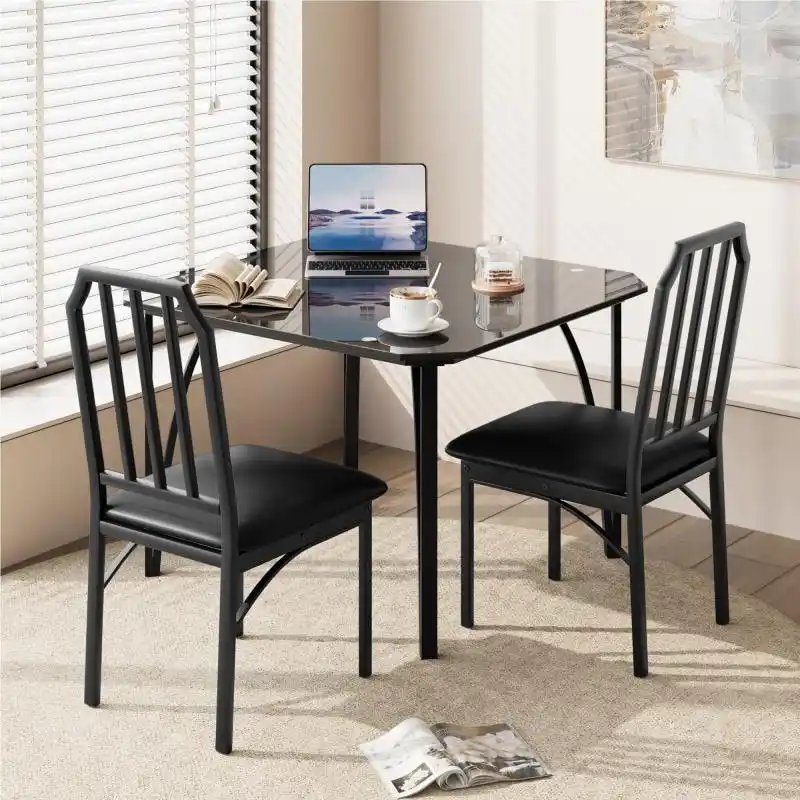 Black Tempered Glass Dining Table Set, Chamfer Style, 2/4 Seats