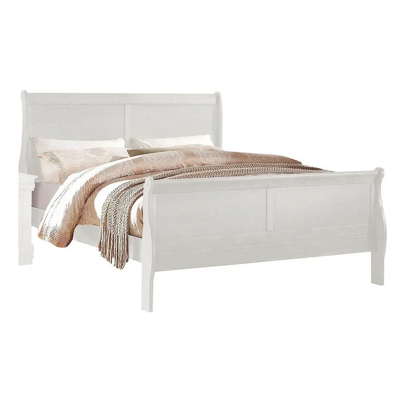 Queen Size Sleigh Bed with Minimalist Headboard & Footboard – White, Classic Style