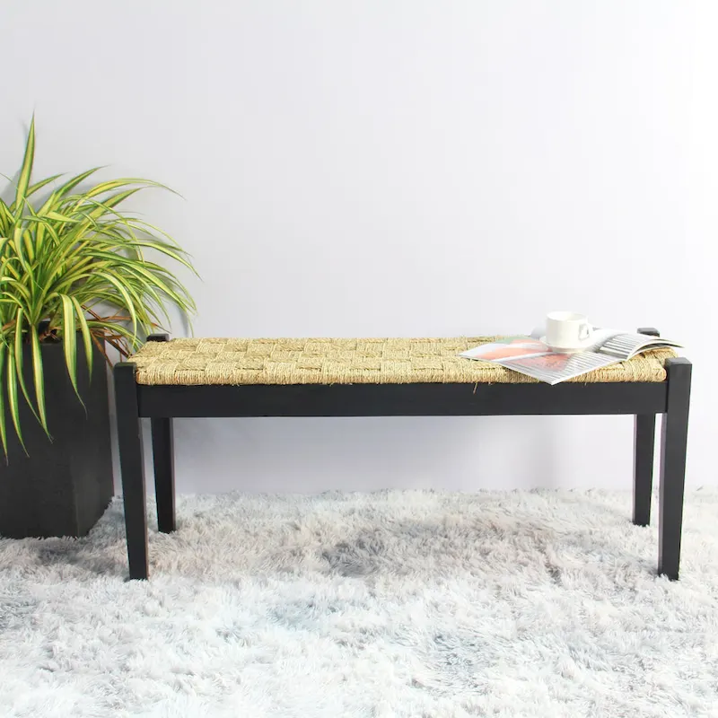 Solid Wood & Natural Seagrass Indoor Bench, Boho Style, Living Room Accent