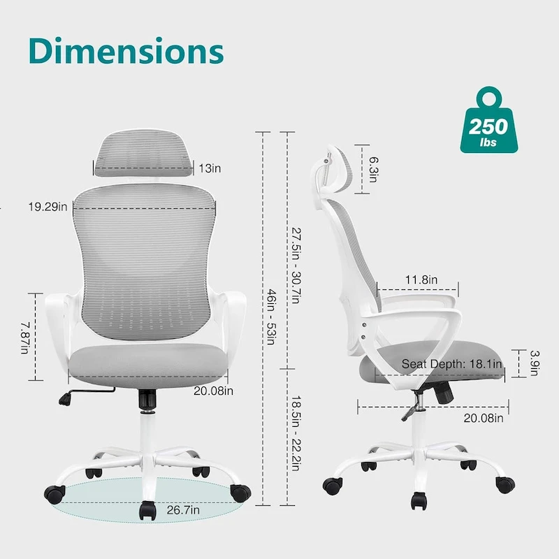 Ergonomic Office Chair, Comfy Computer Desk Chair Mesh High Back with Fixed Arms and Adjustable Headrest, Swivel RollingChair