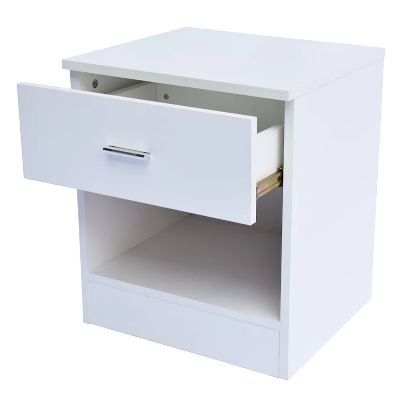 White / Black 1-Drawer Bedside Nightstand with Metal Handle – Modern Style, Single Use