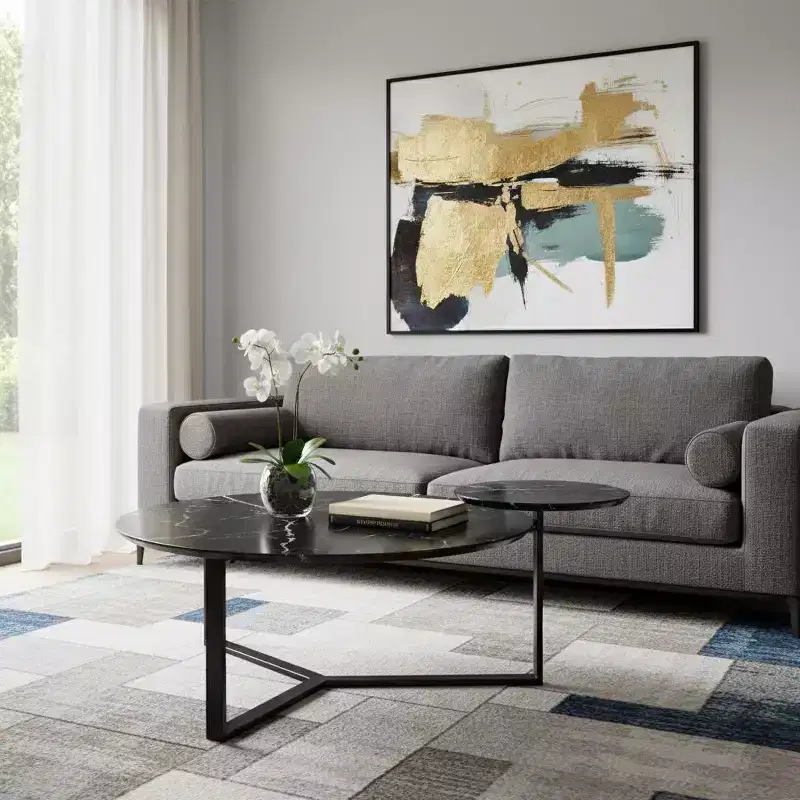 HomeRoots 43 Black Faux Marble And Metal With Iron Round Coffee Table