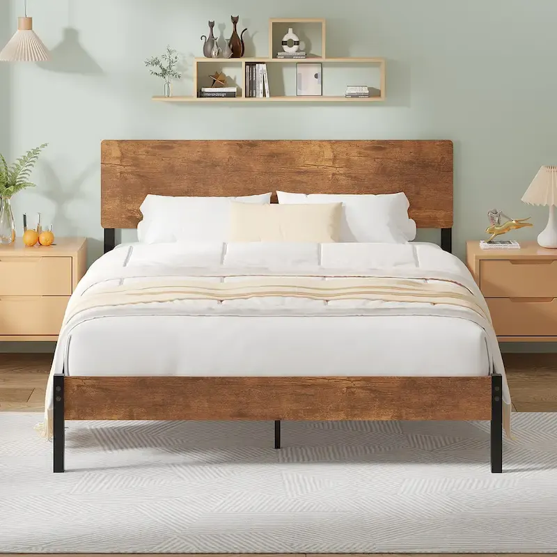 Elegant Iron Queen Bed Frame with MDF Headboard & Footboard - Modern Industrial Style