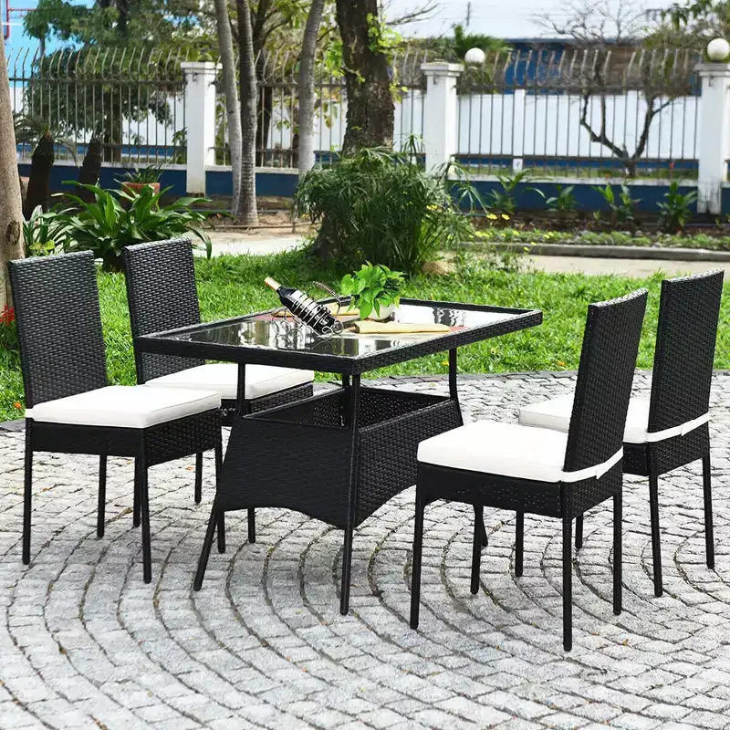Costway 5PCS Patio Rattan Dining Set Table w/Glass Top Garden Furniture