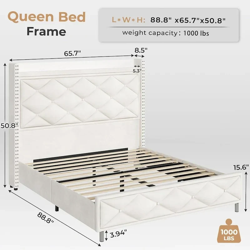 LED Bed Frame with 51.2 Tall Headboard Charging Station