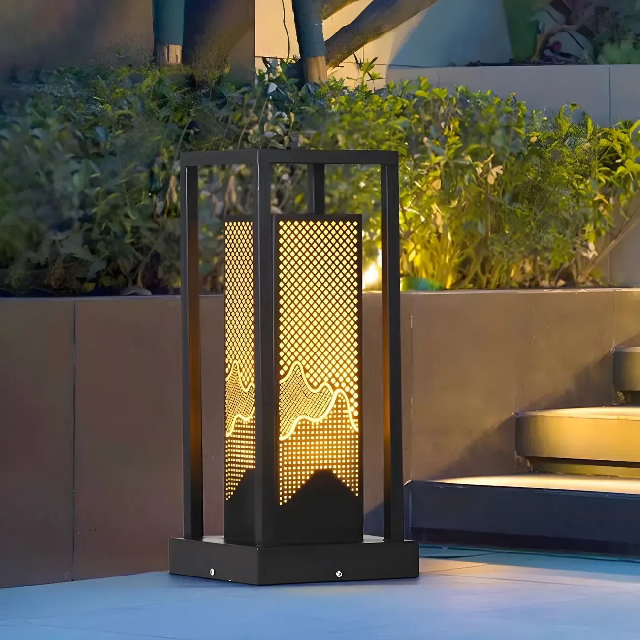 Black Metal Grid Wired Rectangle Post Cap Light