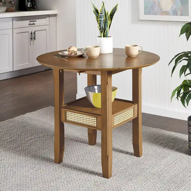 Antique / Oak Finish Round Cane Accent Dining Table with 2 Drop Leaves, Seats 2