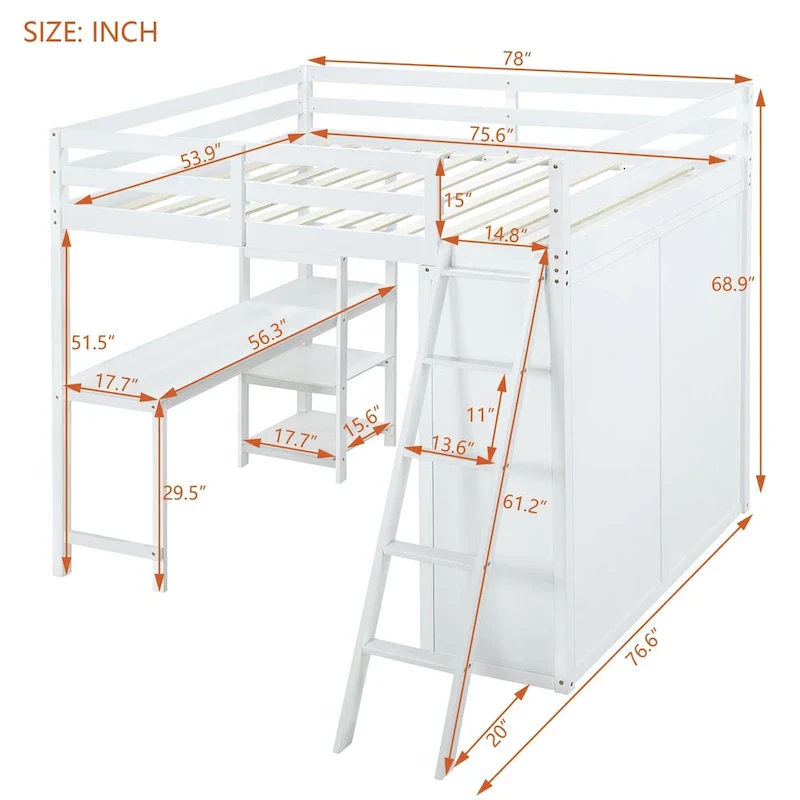Merax Loft Bed with Wardrobe and Desk and Shelves