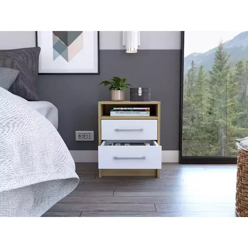 With a clean modern design, this White and Light Oak 2-Drawer 1-Shelf Rectangle Nightstand provides practical storage and a sturdy structure,.