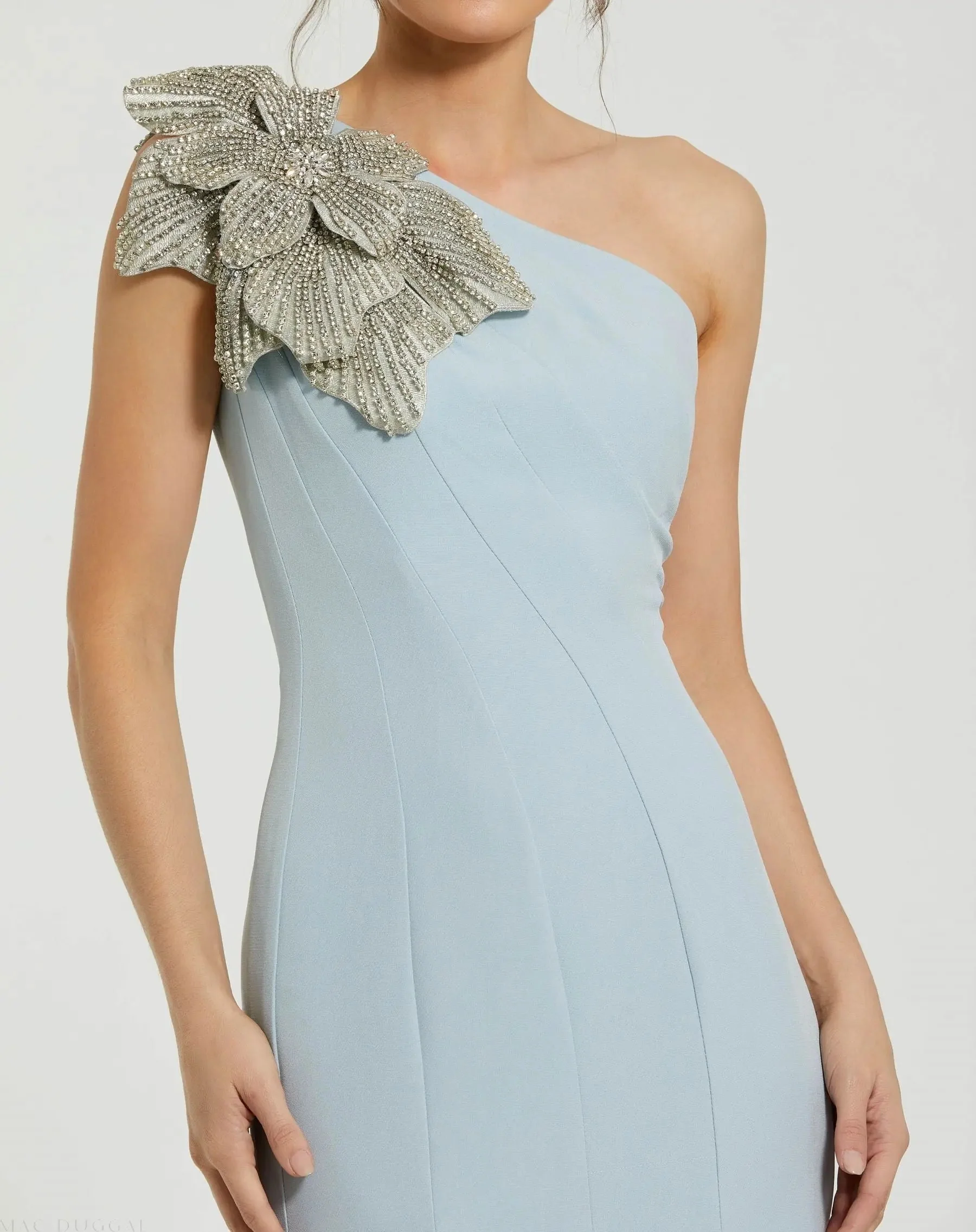 Blue Crepe One Shoulder Gown With Crystal Flower