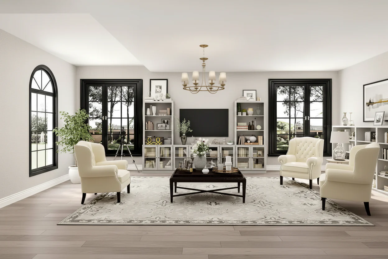 Grey Wood Grain Entertainment Center with Glass Doors, Single-Unit, Fits up to 61