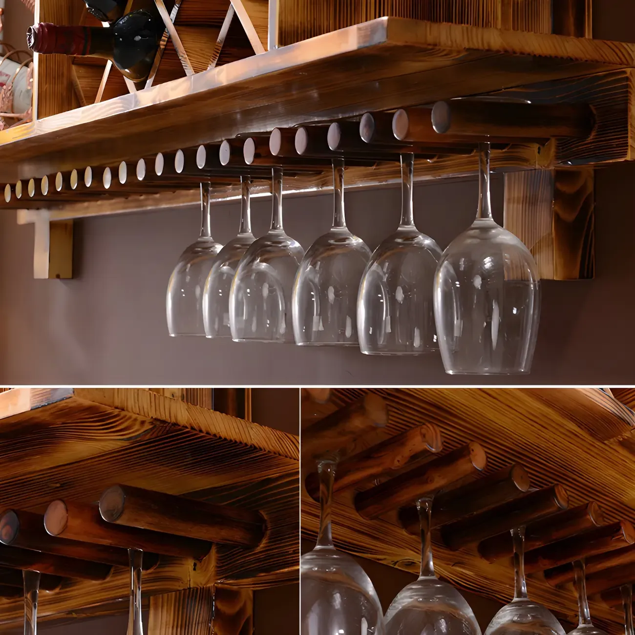 Pine Wooden Wall-Mounted Display Open Wine Bottle & Glass Rack