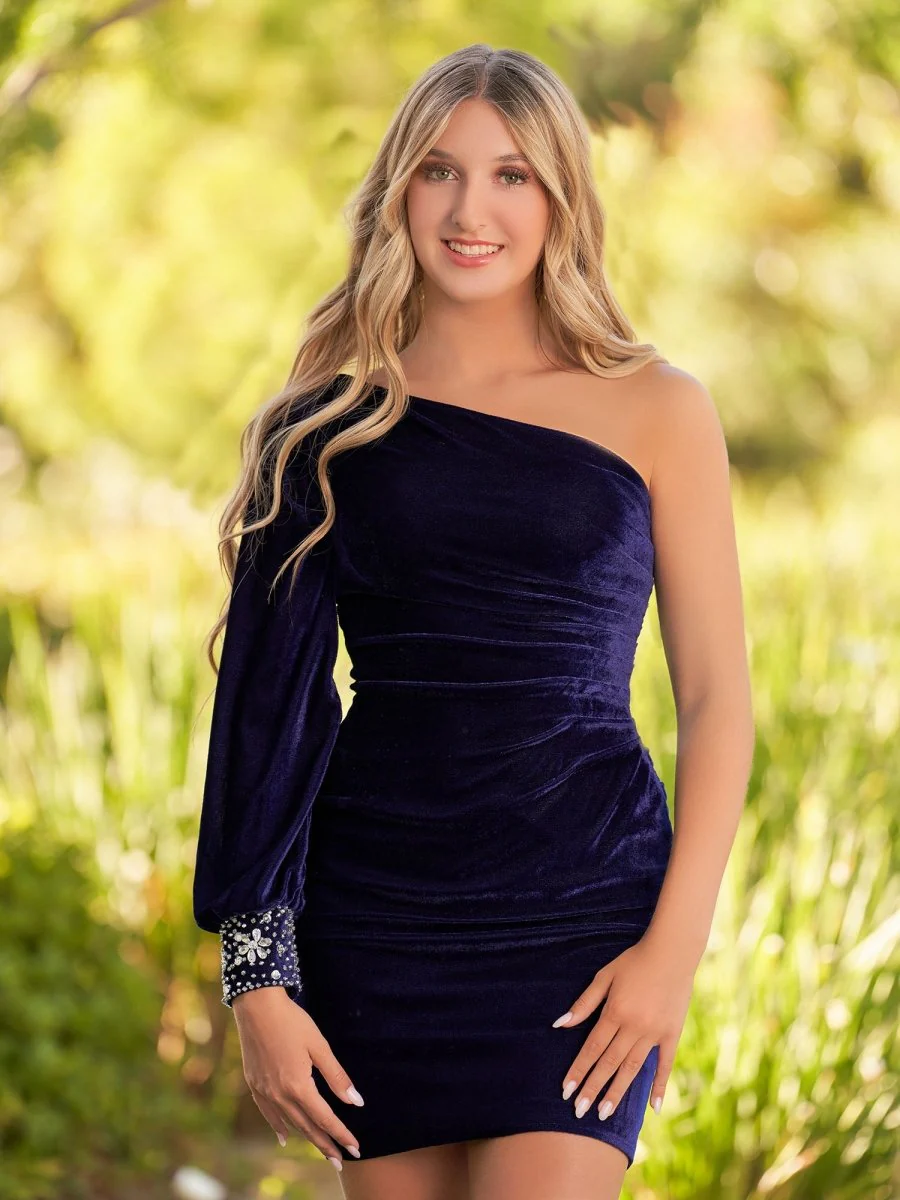 Navy Blue Sheath One-Shoulder Long Sleeve Homecoming Dress