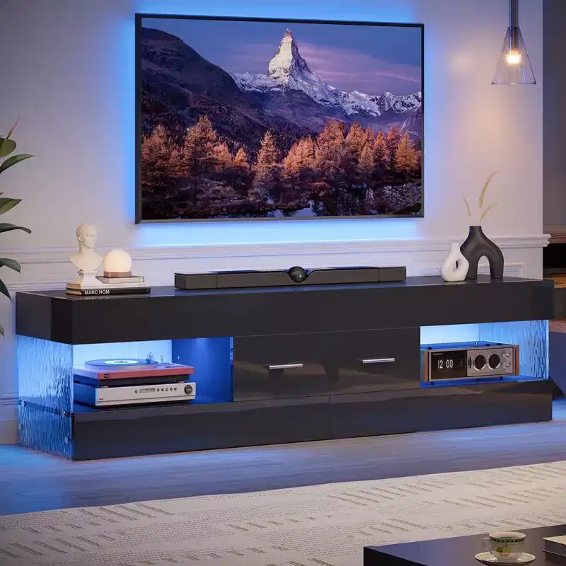 Bestier Black High Gloss TV Stand for TV up to 65 LED Television Entertainment Center Modern TV Cabinet with Storage Drawers