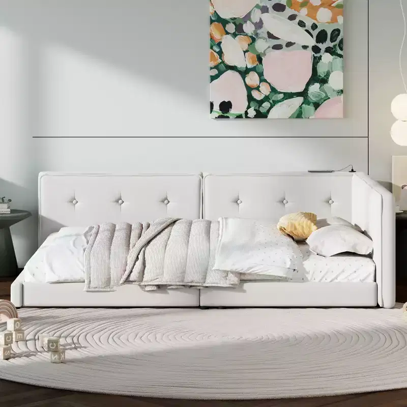 L-Shaped Corner Daybed Upholstered Daybed Sofa Bed with USB Ports, Linen Tufted Platform Bed Frame with Headboard