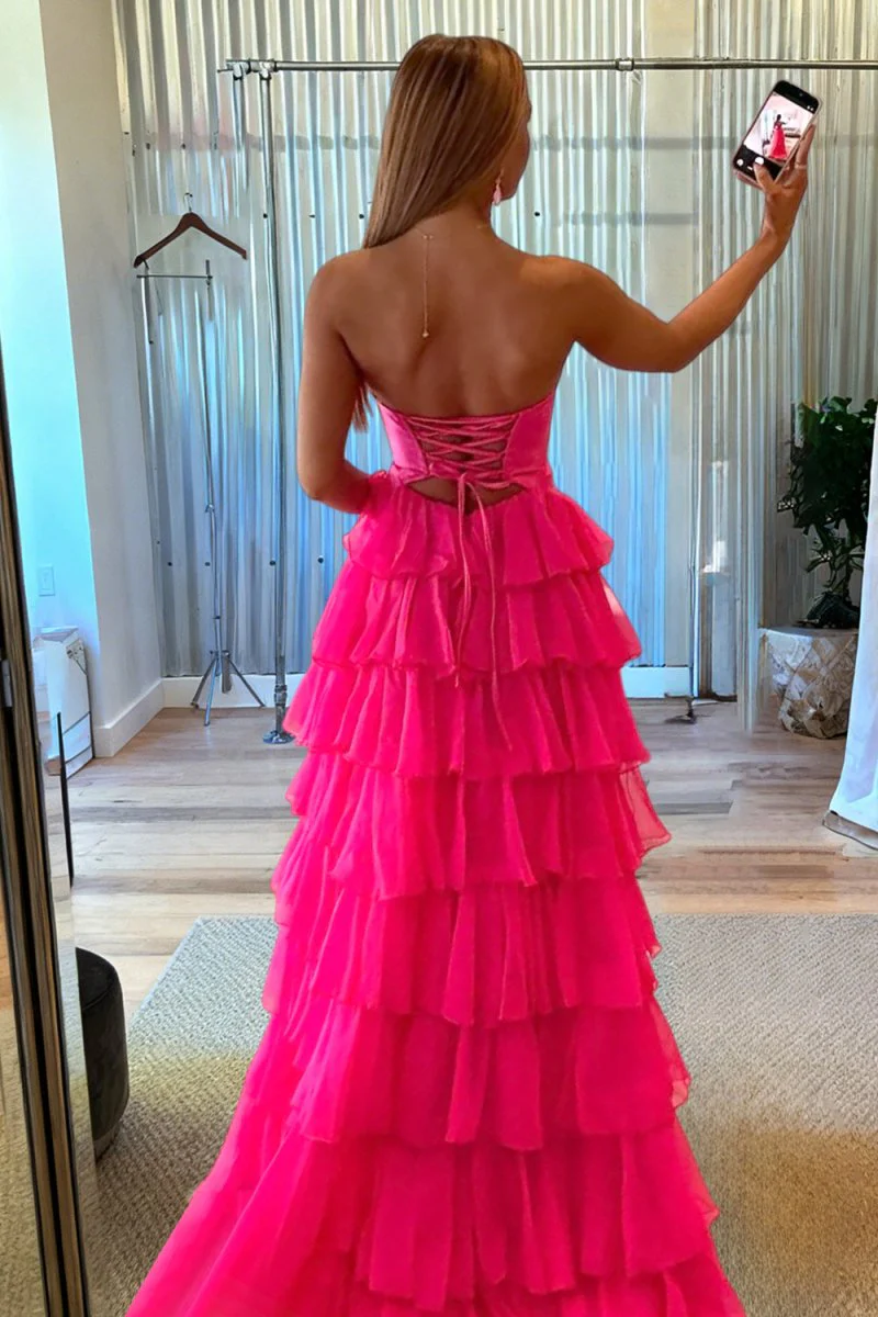 Fuchsia Strapless A Line Chiffon Ruffled Prom Dresses With Cutout