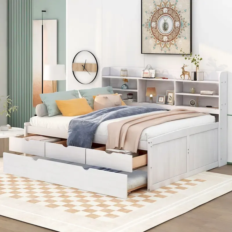 Full Size Storage Bed with Bookcase Headboard and Trundle