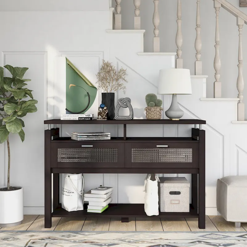 47-Inch Console Table with Flip-Down Cabinets and Open Shelves