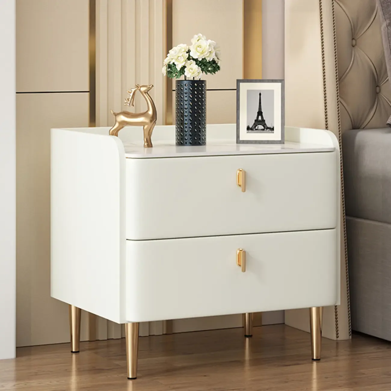 Trendy Stone Leather Gold Accents 2-Drawer Nightstand