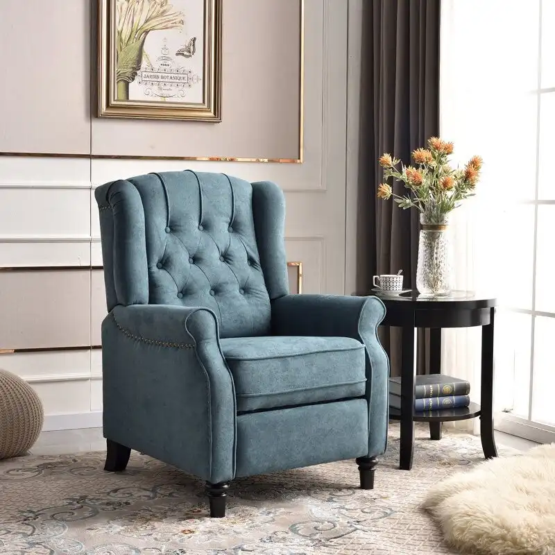 Push Back Recliner with Tufted Back and Wooden Legs