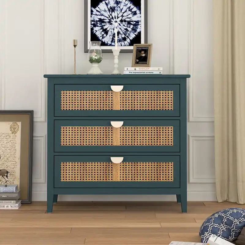 Green / Grey Rattan 3-Drawer Storage Cabinet