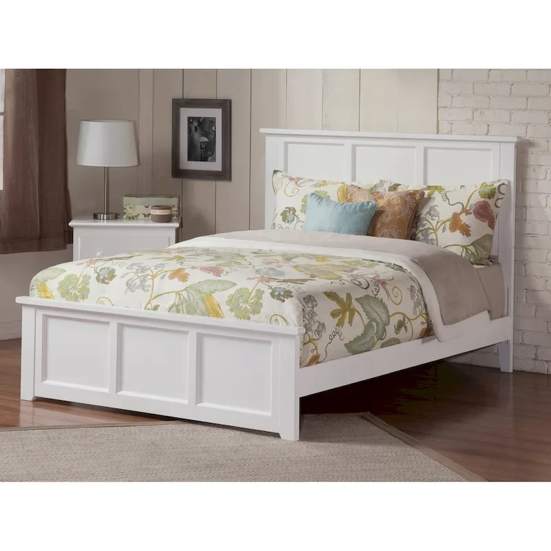 Solid Wood Foundation Bed Frame with Matching Footboard & USB Charging – White, Queen, Sleeps 2
