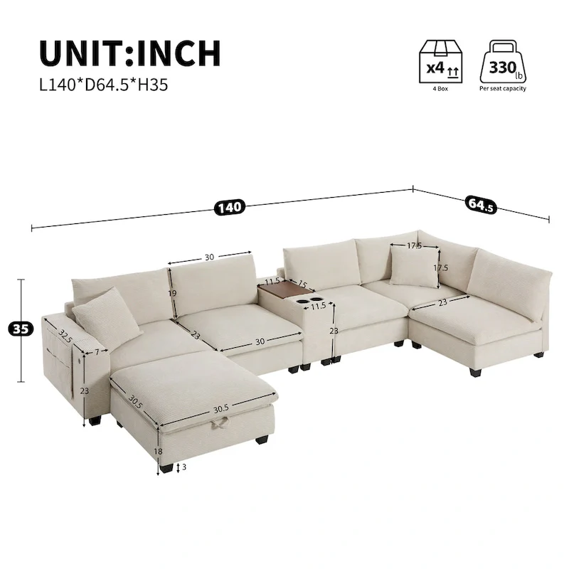 U Shaped Chenille Sofa w/Ottoman,Console,Cup Holder,Wide Seat,USB