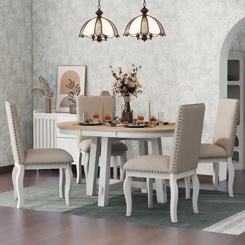 5-Piece Farmhouse Dining Table Set Wood Round Extendable Dining Table and 4 Upholstered Dining Chairs
