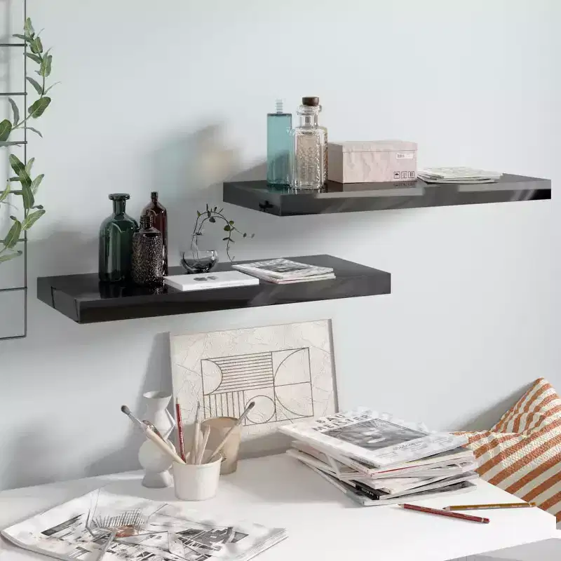 Wall Shelf Set of 2 High gloss black Honeycomb MDF, metal Medium