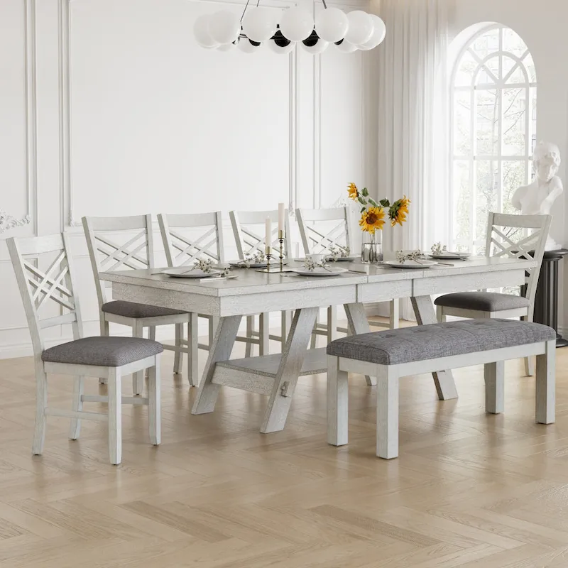 Solid Wood Rectangular Extendable Dining Table with Bench
