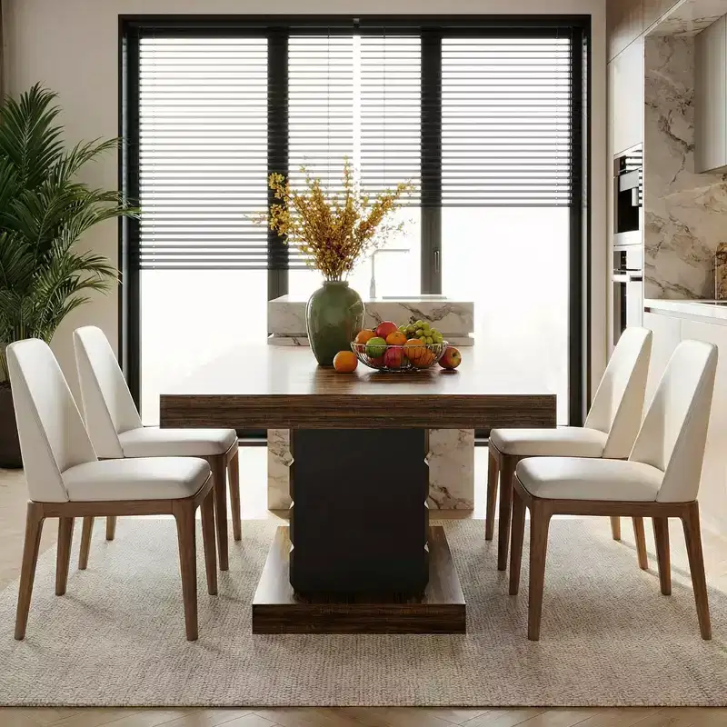 MAYEERTY 63 Modern Geometric Dining Table, Brown MDF Top Cubed Black Base Kitchen Table