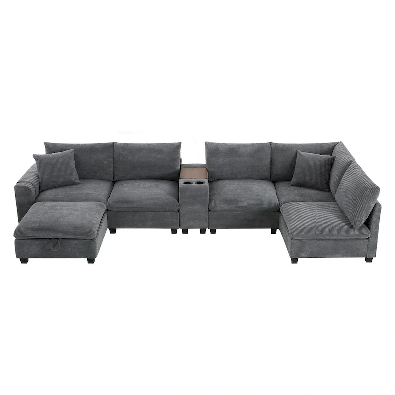 U Shaped Chenille Sofa w/Ottoman,Console,Cup Holder,Wide Seat,USB