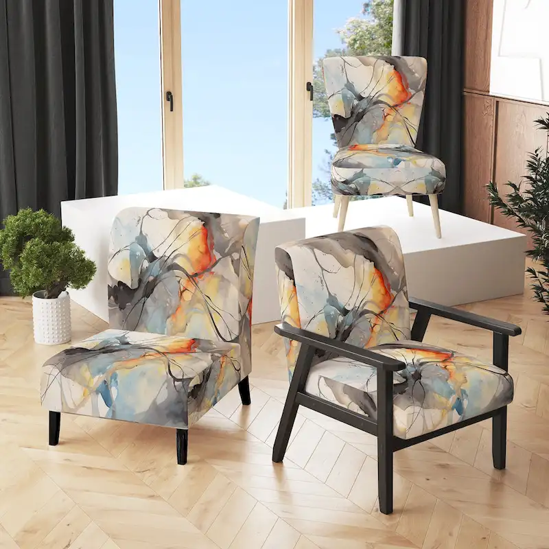 Designart  Marble Serenity Colorful Gray Watercolor Waves I  Upholstered Abstract Shapes Accent Chair and Modern Arm Chair