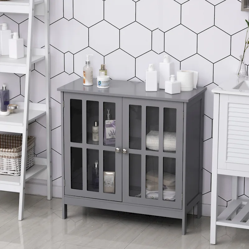 kleankin Storage Sideboard Buffet Cabinet Credenza with 2 Transparent Doors Dining Cupboard in Kitchen, Hallway, Grey