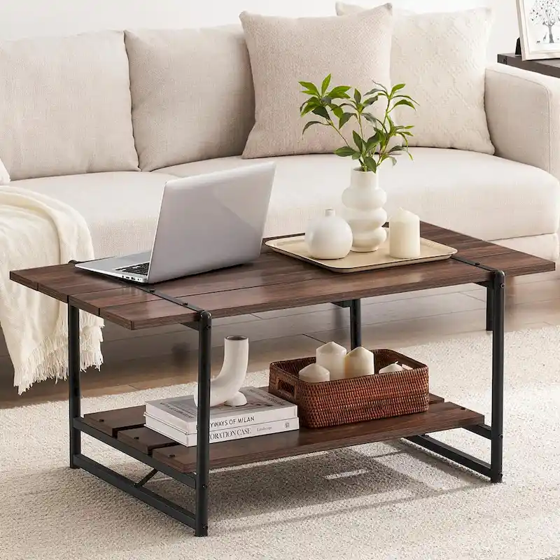 2-Tier Modern Industrial 41 Large Wood Coffee Table with Storage Shelf