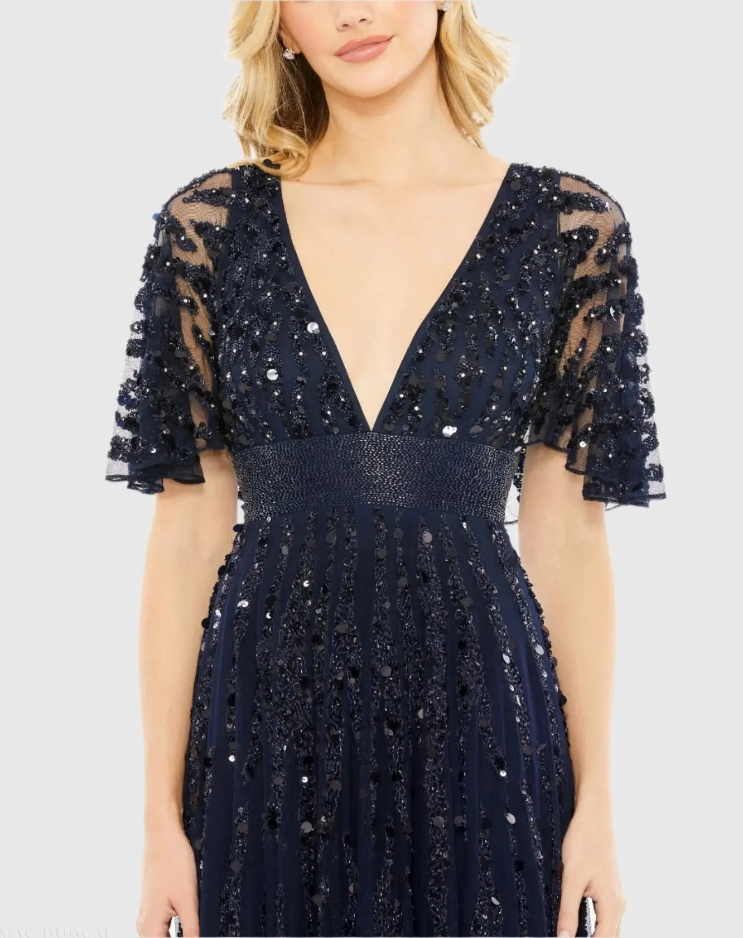 Navy Embellished V-neck Empire Waist Gown