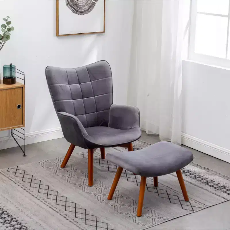 GDFStudio Valda Contemporary Velvet Tufted Accent Chair and Ottoman Set with Wingback