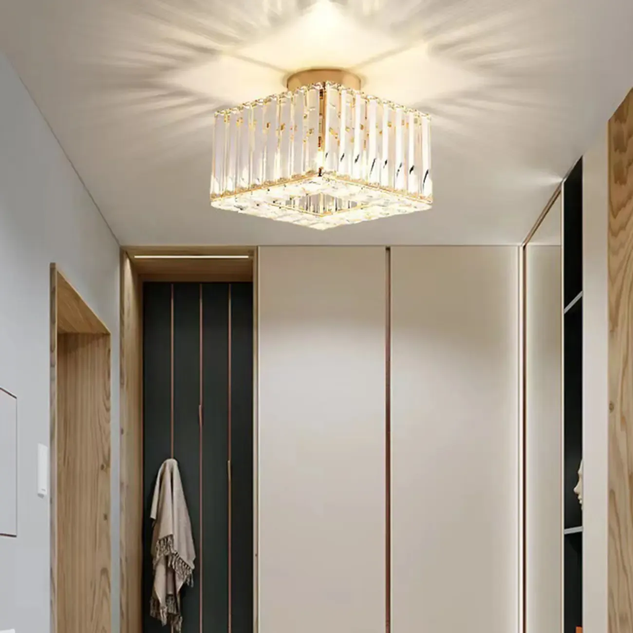 Modern Gold Square Crystal Semi Flush Ceiling Light