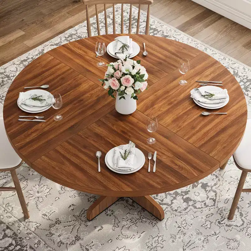 47 Round Dining Table for 4 with Curved Leg, Golden Nanmu Furniture, Wood Farmhouse Pedestal Circle Dinner Table, Kitchen & Dining Room Living Room