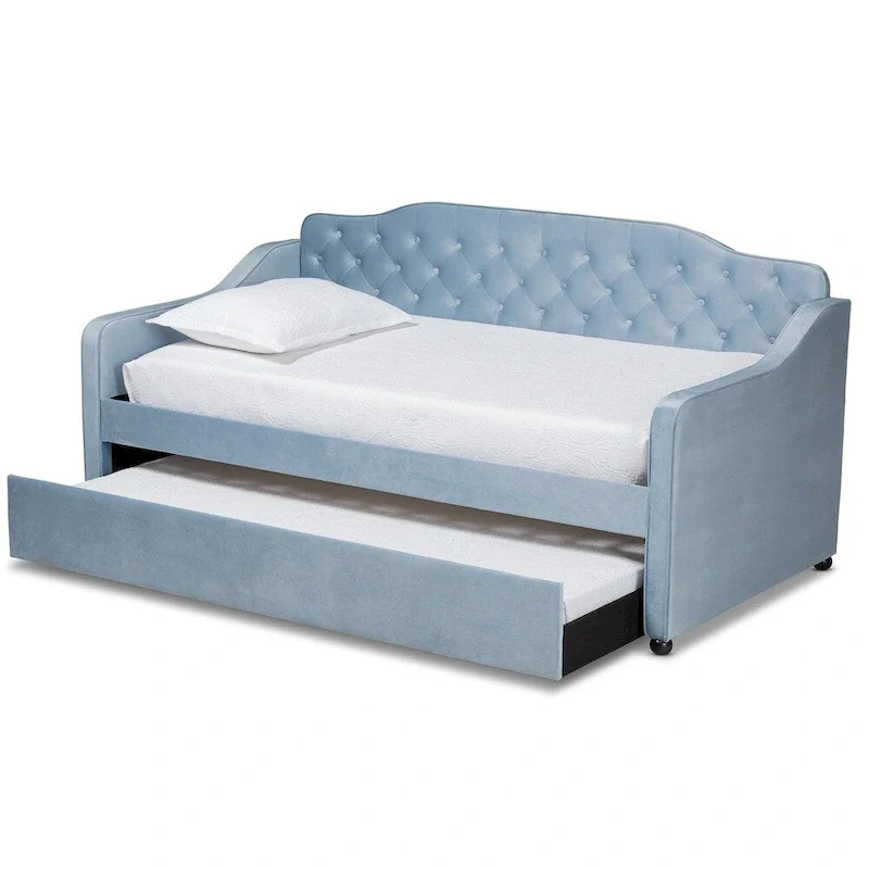 Grey/Blue Velvet Upholstered Daybed with Pull-Out Trundle, Sleeps 2 (Twin)
