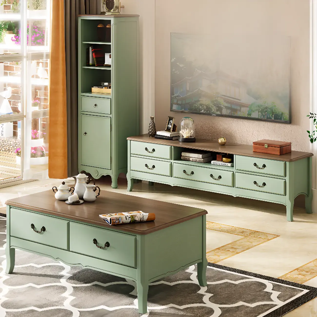 Green Modern Wood Cable Management TV Stand with 5-Drawer