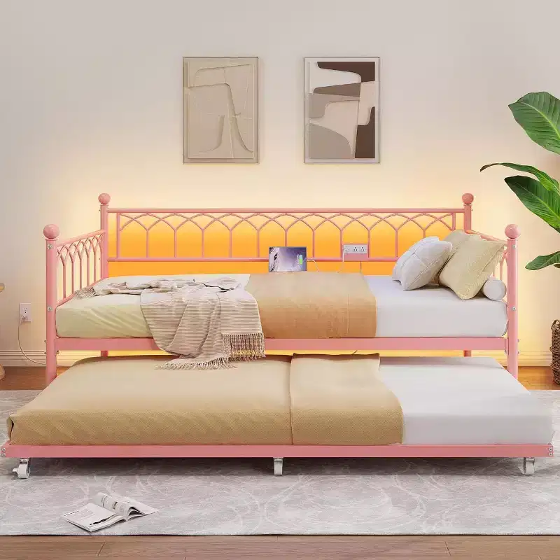 GustoWave Heavy Duty Metal Platform Sofa Bed Frame, with Charging Station and LED Lights