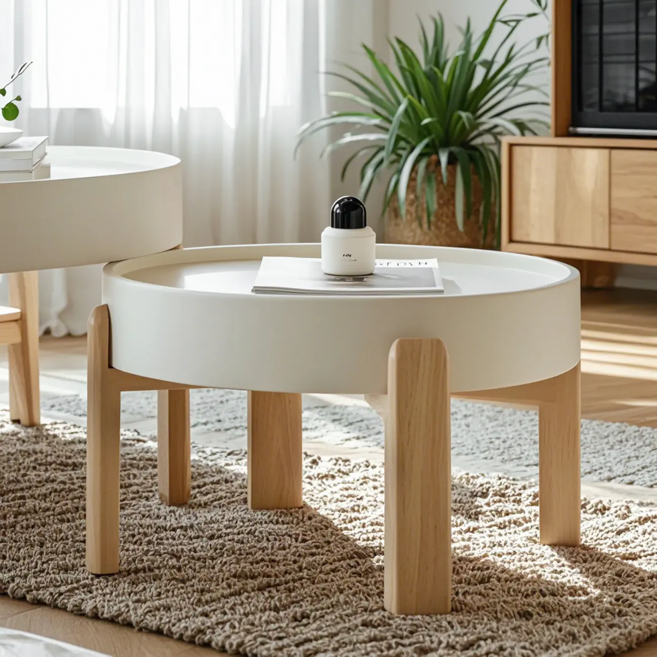 Minimalistic Beige Wood Round Coffee Table with Tray Top