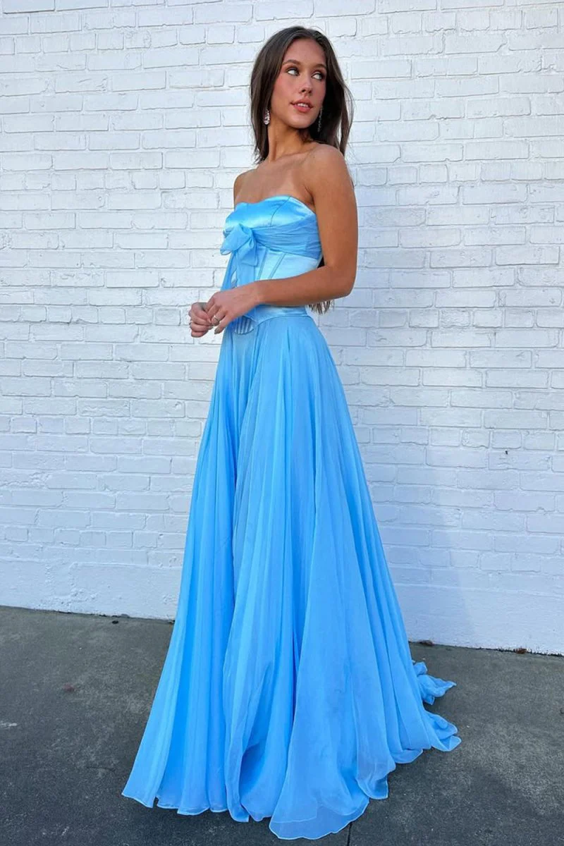 Blue - A Line Strapless Pleated Chiffon Long Prom Dress with Bow