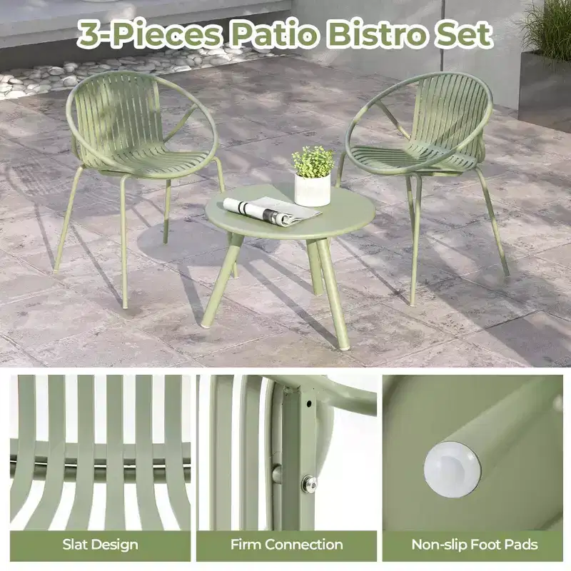 Costway 3 Pieces Bistro Set All Weather PP Patio Conversation Set with Round Coffee table Gray/Green