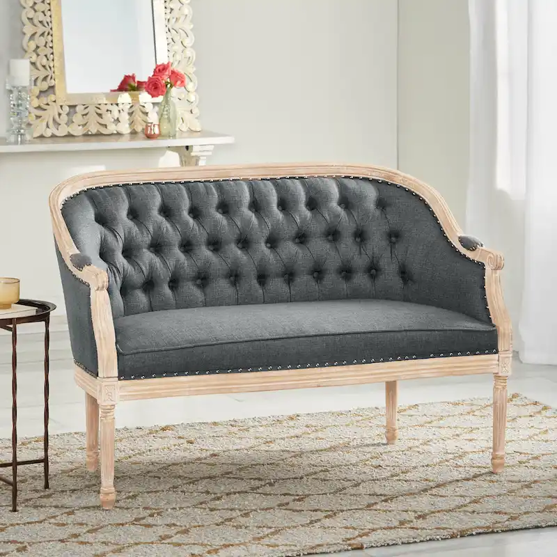 Button-Tufted Upholstered Loveseat with Scrolled Arms and Nailhead Trim