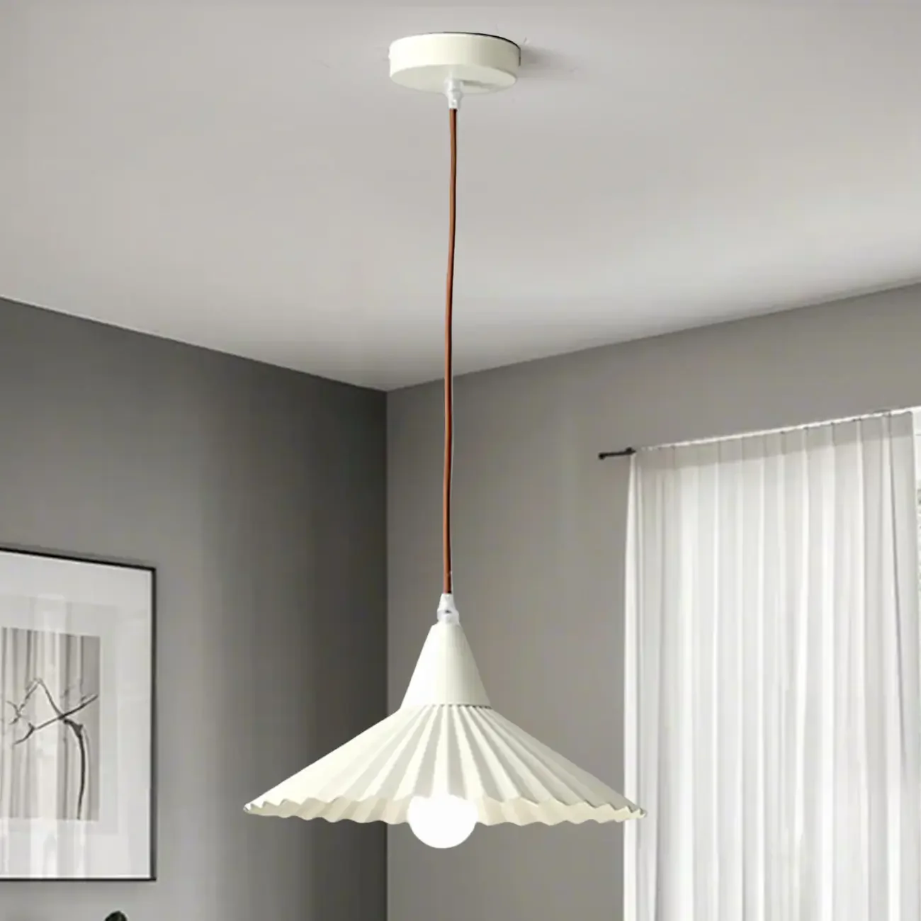 Modern Walnut Pleated Cone Pendant Light