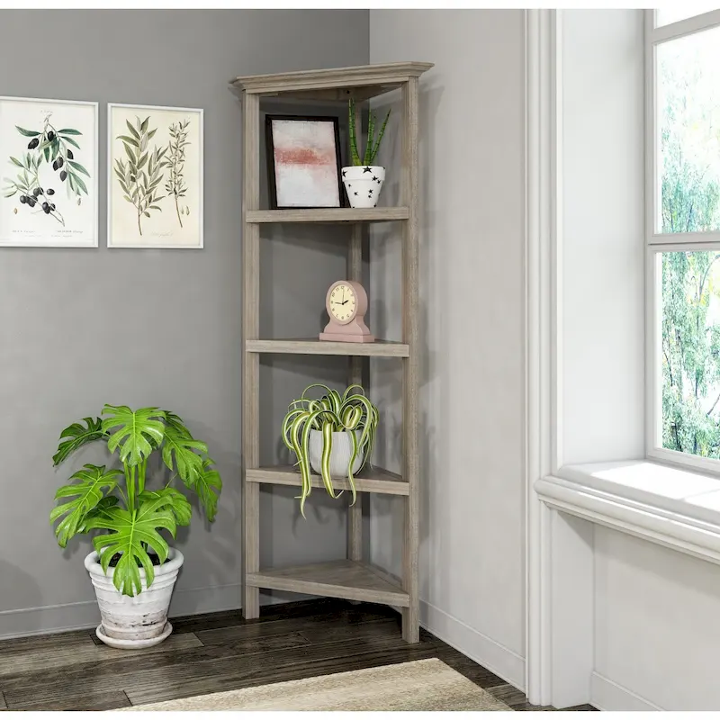 Edenton Tall Wood Corner Bookcase with 4 Shelves, Washed Grey