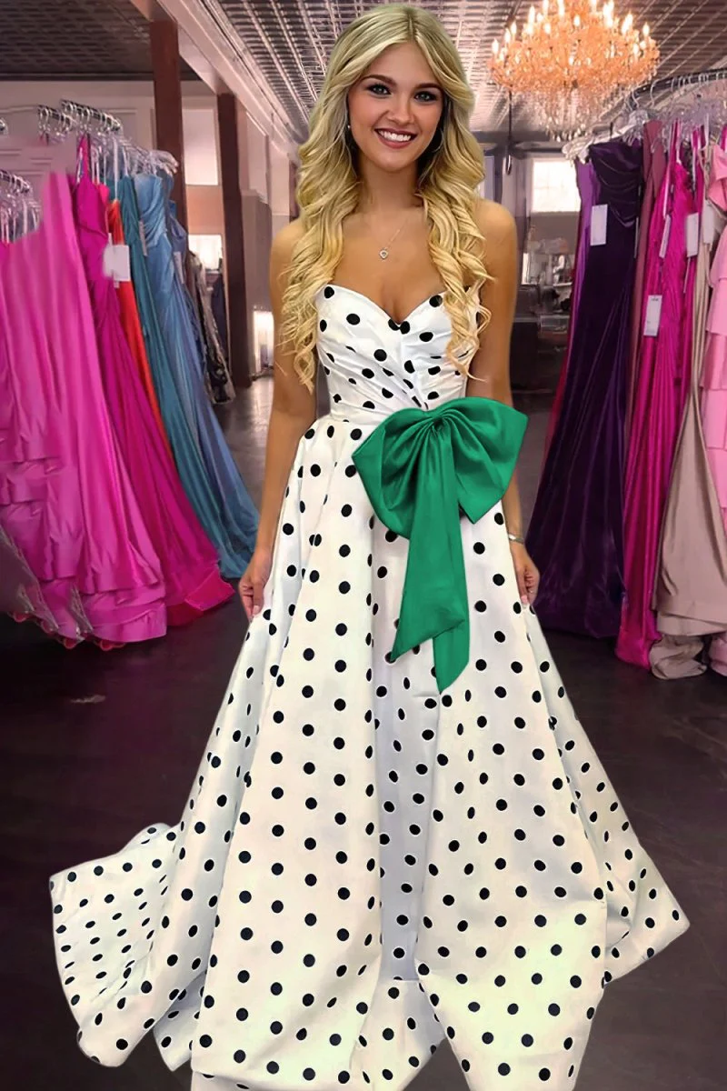 Fuchsia Strapless A Line Polka Dots Satin Long Prom Dresses With Bow