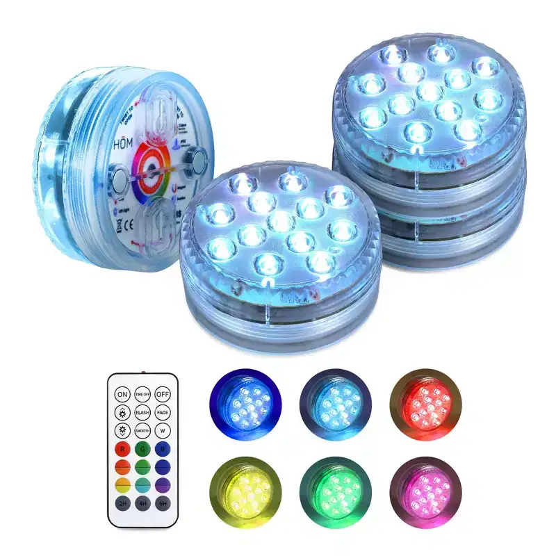 HOM LED Submersible Lights - Remote Control Battery Pool/Pond/Party RGB Puck Lights Waterproof with Magnetic/Suction Cup Surface Mount (4pk)